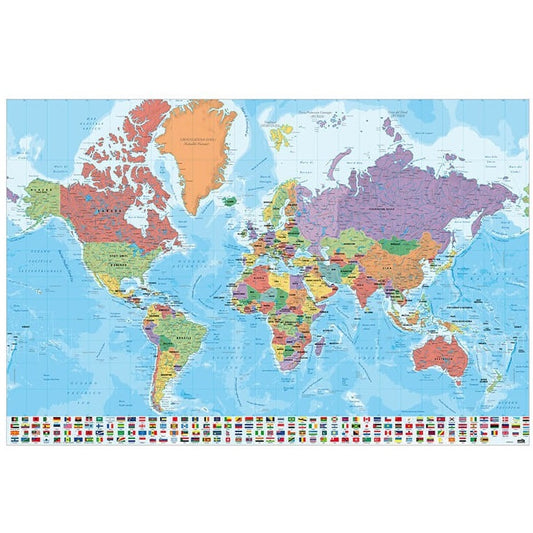Maxi Poster (Mappamondo Cartina Geografica Gigante) Planisfero con Bandiere del Mondo Editato in Italiano 91x61 cm Incorniciabile da Muro Scuola Ufficio