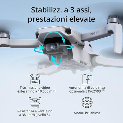 DJI Mini 4K Fly More Combo, Drone per adulti, Fotocamera 4K HD, < 249 g, stabilizzatore 3 assi, trasmissione video 10 km, Return automatico, 3 Batterie per tempo di volo max 93', QuickShots