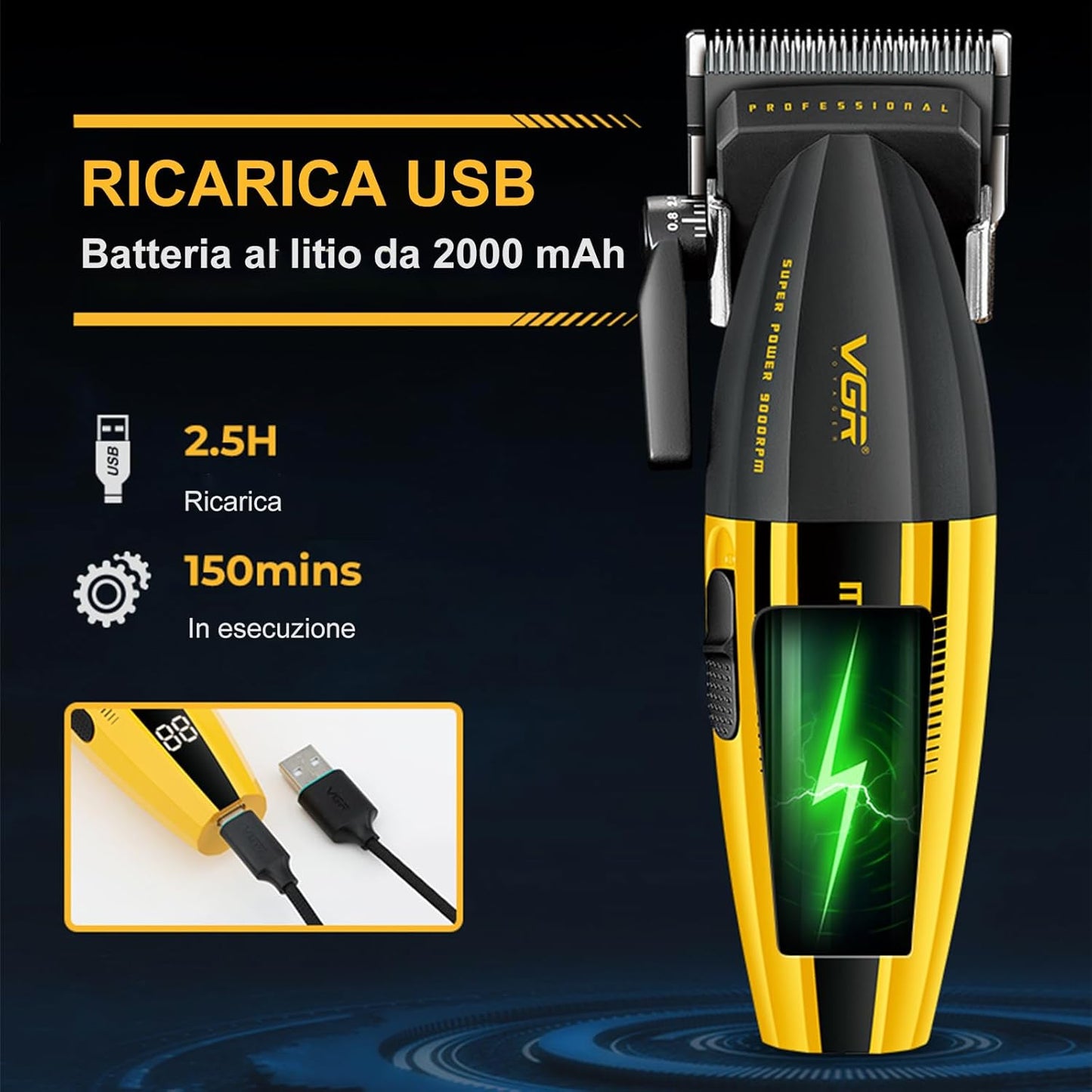 Vgr V-285 Muscular Rasoio Tagliacapelli Professionale 9000 RPM Display LED USB