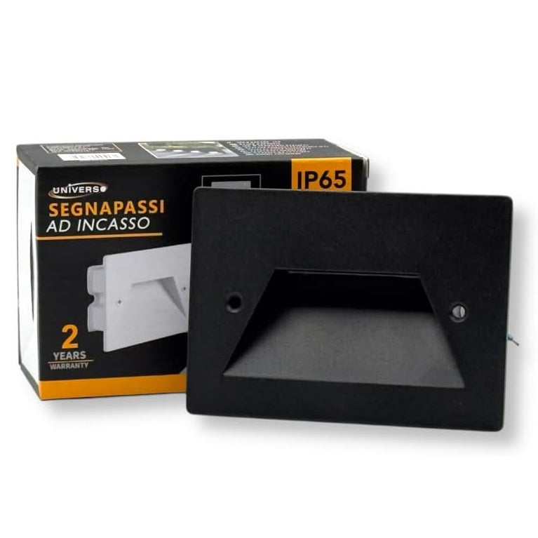 Universo Es49-G3c Punto Luce Segnapasso Rettangolare Led ad Incasso Cambia Colore CCT 3in1 da 3w 24° Da Esterno Ip65 Scatola 503 per Scale Giardino - Nero