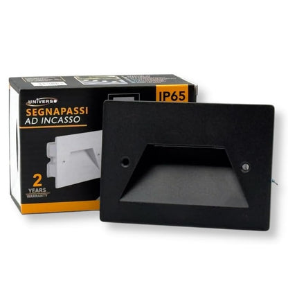 Universo Es49-G3c Punto Luce Segnapasso Rettangolare Led ad Incasso Cambia Colore CCT 3in1 da 3w 24° Da Esterno Ip65 Scatola 503 per Scale Giardino - Nero