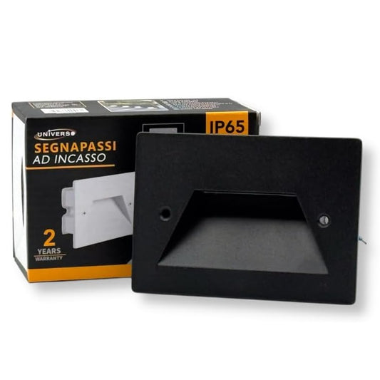 Universo Es49-G3c Punto Luce Segnapasso Rettangolare Led ad Incasso Cambia Colore CCT 3in1 da 3w 24° Da Esterno Ip65 Scatola 503 per Scale Giardino - Nero