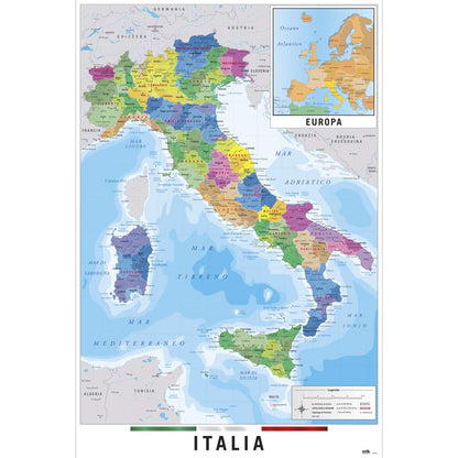 Maxi Poster (Cartina Geografica Italia Gigante) 91x61 cm Incorniciabile (Include Mini Mappa dell'Europa) da Muro Scuola Casa Ufficio