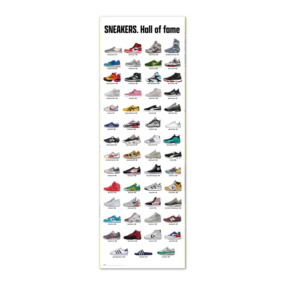 Maxi Poster XXL Porta o Parete - Sneakers Hall of Fame (Nike, Adidas, New Balance, Fila, Reebok, Jordan, Converse) Incorniciabile per Cameretta, Negozio, Ufficio 53x158 cm