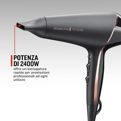 Remington Asciugacapelli Professionale 2400W Tecnologia OPTIheat per Styling di lunga durata - 3 Accessori Styling; Cura ionica; Motore AC anti-crespo, Phon Proluxe Midnight Edition AC9140B