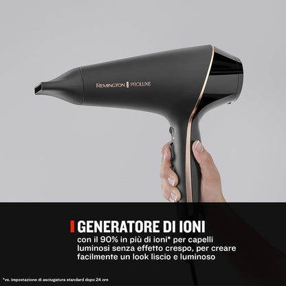 Remington Asciugacapelli Professionale 2400W Tecnologia OPTIheat per Styling di lunga durata - 3 Accessori Styling; Cura ionica; Motore AC anti-crespo, Phon Proluxe Midnight Edition AC9140B