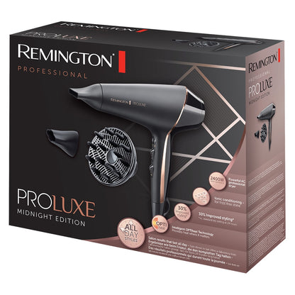 Remington Asciugacapelli Professionale 2400W Tecnologia OPTIheat per Styling di lunga durata - 3 Accessori Styling; Cura ionica; Motore AC anti-crespo, Phon Proluxe Midnight Edition AC9140B