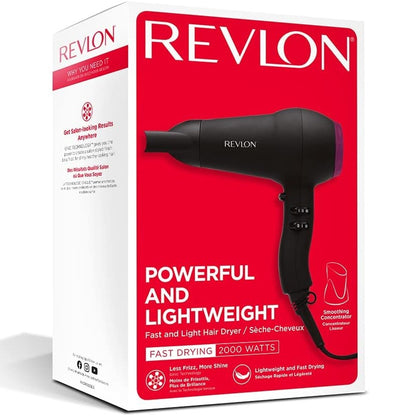 Revlon Asciugacapelli Fast Light Hair Dryer 2000W Potente - Phon con Diffusore per styling, 3 livelli di Riscaldamento e Potenza Nero