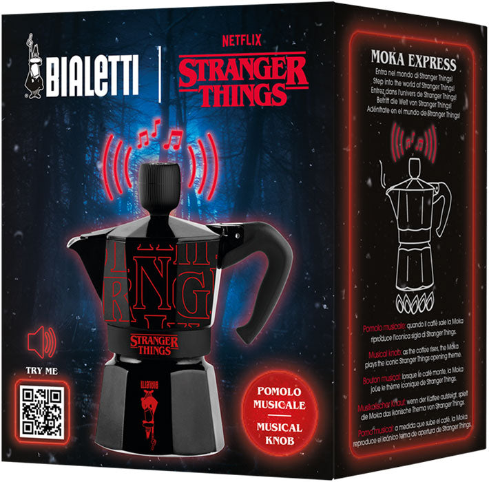 Bialetti - Moka Express Musicale 3 Tazze Stranger Things Ricarica Usb-C 130ml