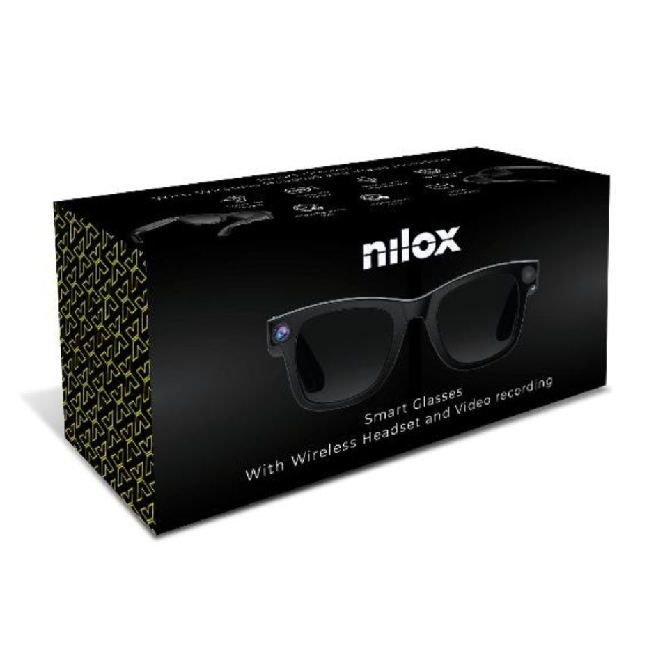 Nilox Occhiali Smart Video con Fotocamera 8MP, Registrazione Full HD UV400, Audio Open-Ear, Lenti Intercambiabili Trasparenti e Solari, Filtro Luce Blu, Autonomia Fino a 18 Ore