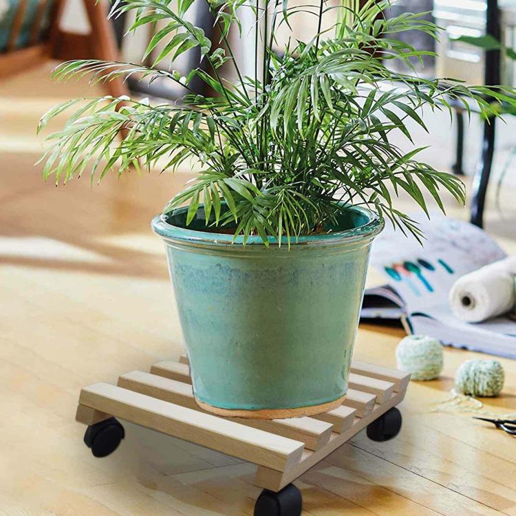 Sottovaso In Legno Naturale Con Ruote Pedana Bancale Carrello Quadrato Fioriera