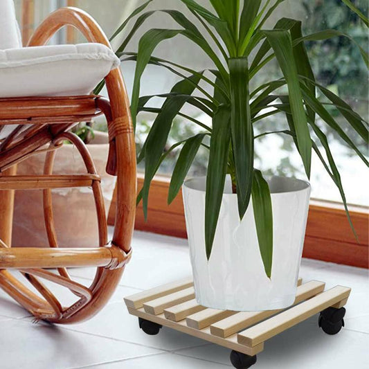 Sottovaso In Legno Naturale Con Ruote Pedana Bancale Carrello Quadrato Fioriera