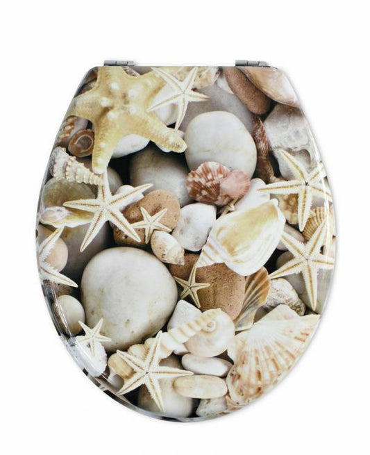 Copriwater Universale Con Stampa Legno Mdf Resistente Acciaio Wc Bagno STELLE E CONCHIGLIE