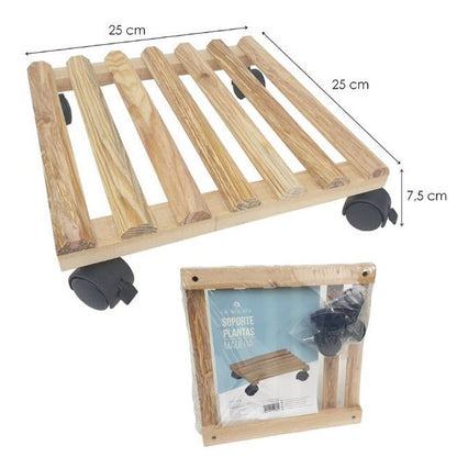 Sottovaso In Legno Naturale Con Ruote Pedana Bancale Carrello Quadrato Fioriera