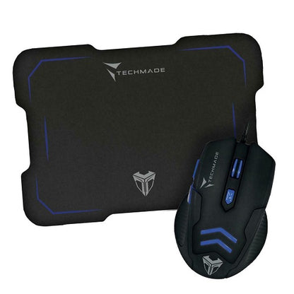 Techmade Kit Mouse Usb + Tappetino Gaming Blu Led Desktop Mousepad Pc Notebook