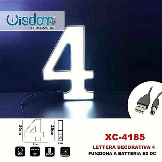 Numero 4 Led Decorativa Luminosa A Batterie Natalizia Per Addobbi Luce Bianca