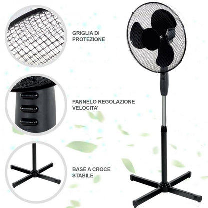 Ventilatore A Piantana Silenzio 45W Pala 40Cm 3 Velocita Altezza Regolabile Nero