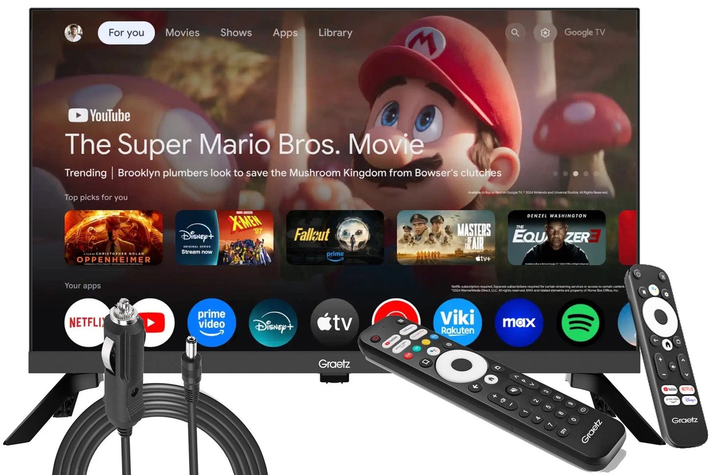 Graetz Smart Tv 24" HD Led Google Tv - DVB-T2-S2-C (220v / 12v Cavo incluso) CI+ - 2 Telecomandi con Funzione Vocale - Ideale per Camper Barca Hotel - GR24G1300