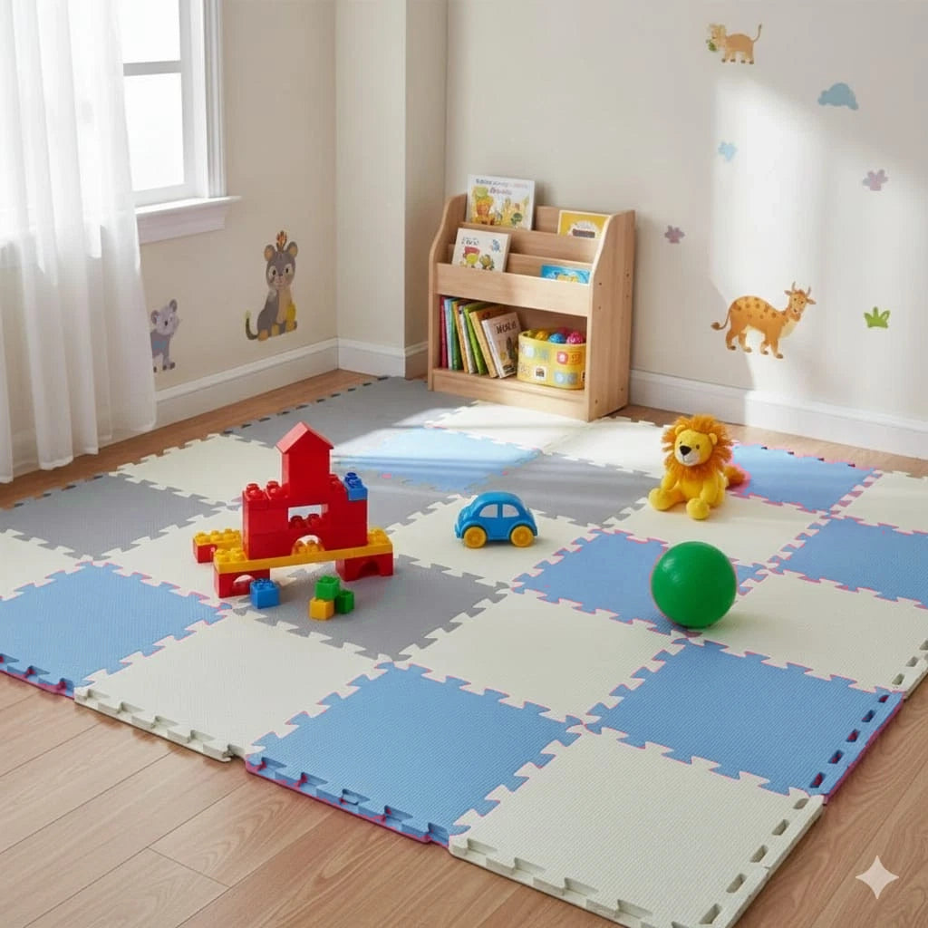 Tappeto Puzzle Antiscivolo Tappetino Multiuso per Fitness Palestra/Bambini 29,5x29,5 cm Morbido e Atossico in Gomma EVA Schiuma 30x30 Tappetone Gioco per Gattonare (9 Pezzi-Blu/Grigio)