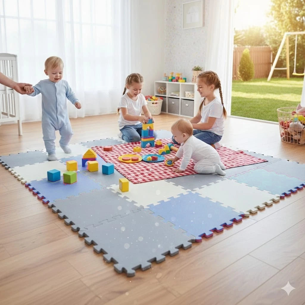 Tappeto Puzzle Antiscivolo Tappetino Multiuso per Fitness Palestra/Bambini 29,5x29,5 cm Morbido e Atossico in Gomma EVA Schiuma 30x30 Tappetone Gioco per Gattonare (9 Pezzi-Blu/Grigio)