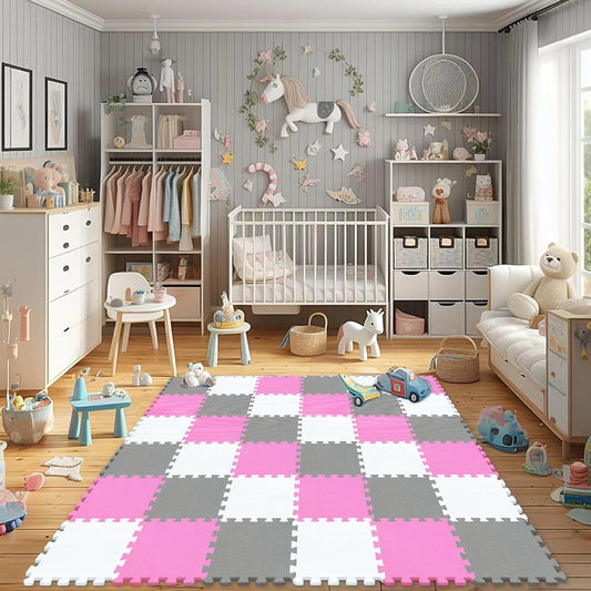 Tappeto Puzzle Antiscivolo Tappetino Multiuso per Fitness Palestra/Bambini 29,5x29,5 cm Morbido e Atossico in Gomma EVA Schiuma 30x30 Tappetone Gioco per Gattonare (18 Pezzi-Rosa/Grigio)