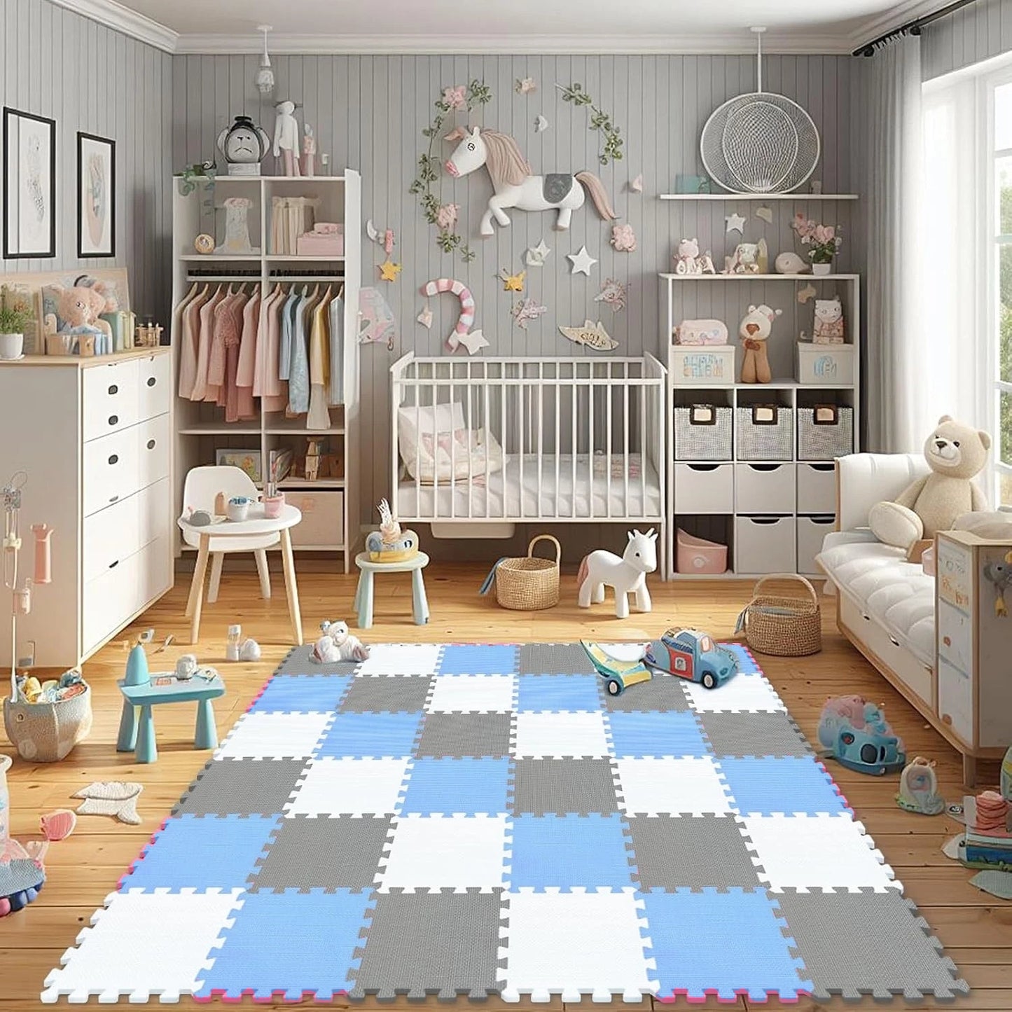 Tappeto Puzzle Antiscivolo Tappetino Multiuso per Fitness Palestra/Bambini 29,5x29,5 cm Morbido e Atossico in Gomma EVA Schiuma 30x30 Tappetone Gioco per Gattonare (9 Pezzi-Blu/Grigio)