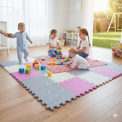 Tappeto Puzzle Antiscivolo Tappetino Multiuso per Fitness Palestra/Bambini 29,5x29,5 cm Morbido e Atossico in Gomma EVA Schiuma 30x30 Tappetone Gioco per Gattonare (18 Pezzi-Rosa/Grigio)