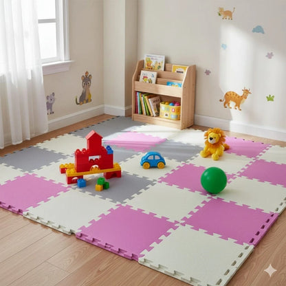 Tappeto Puzzle Antiscivolo Tappetino Multiuso per Fitness Palestra/Bambini 29,5x29,5 cm Morbido e Atossico in Gomma EVA Schiuma 30x30 Tappetone Gioco per Gattonare (9 Pezzi-Rosa/Grigio)