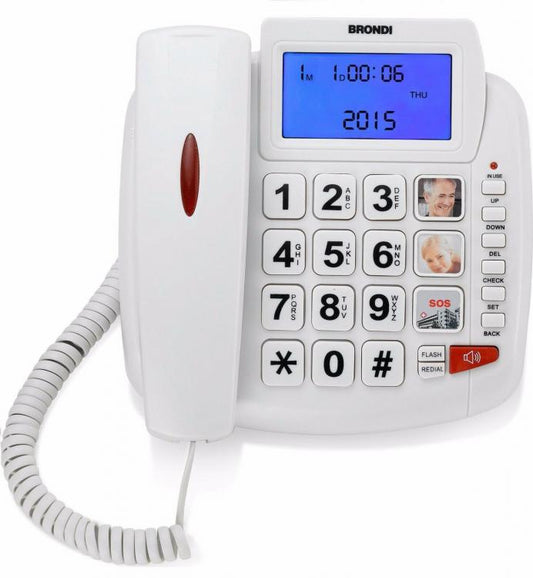 BRONDI TELEFONO FISSO ANZIANI TASTI GRANDI BRAVO 90 LCD VIVAVOCE LED SOS BIANCO