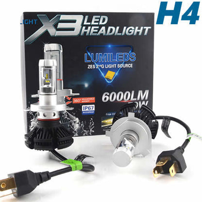 COPPIA LAMPADE X3 LED HEADLIGHT H4 LED CREE 6500K 6000 LUMEN 12V XENON FARI AUTO