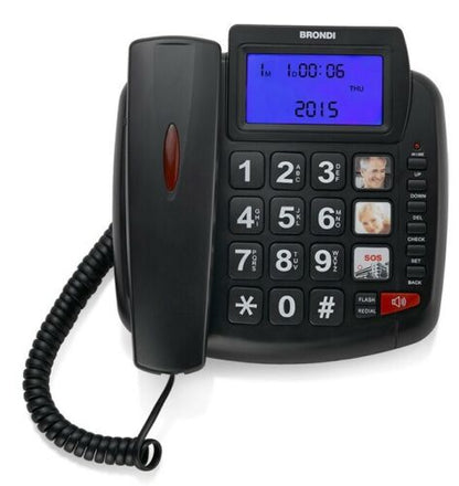 BRONDI TELEFONO FISSO ANZIANI TASTI GRANDI VIVAVOCE SOS LED CASA BRAVO 90 -NERO