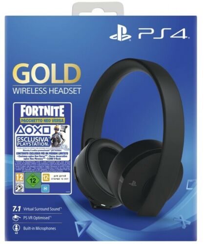 CUFFIE GOLD WIRELESS SONY PLAYSTATION 4 2.0 STEREO GIOCO + FORTNITE VCH 2019 PS4