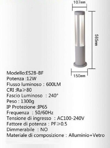 Lampione Giardino Lampada 12W Led Da Esterno Nero Lampioncino Luce Naturale Es28