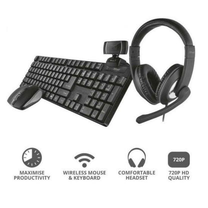 Kit Trust 4 In 1 Tastiera Mouse Webcam Cuffie Qoby Home Office Set Completo