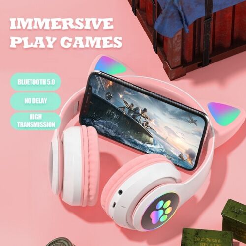 CUFFIE GATTO BLUETOOTH WIRELESS GAMING AURICOLARE LED IPHONE SMARTPHONE - VERDE