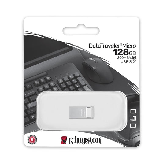 Kingston Pendrive 128GB DTMC3G2/128GB DataTravel Micro Gen.1 USB-A 3.2 Chiavetta Metallo Type-A Memoria Drive Flash PC 200MB/s(R) Silver Metal