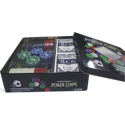 Set Completo 100 Fiches Texas Hold'Em-Poker Blackjack 2 Mazzi Carte Gioco Tavolo