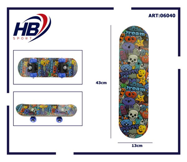 Hb Sport Skateboard Bambini Unisex Skate In Legno Fantasia Colorato 43 Cm Pvc