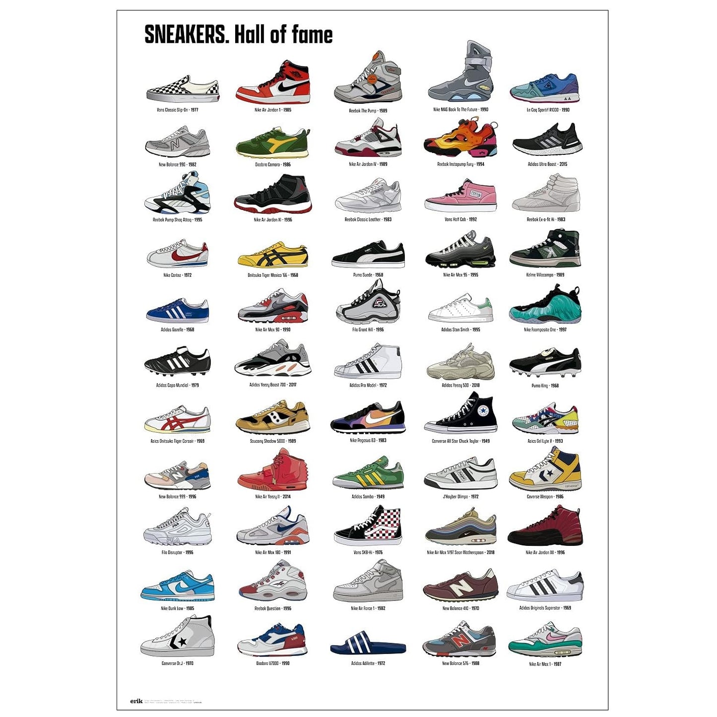 Maxi Poster - Locandina Sneakers Hall of Fame (Nike, Adidas, New Balance, Fila, Reebok, Jordan, Converse) Incorniciabile per Negozio, Pub, Casa, Ufficio, Locanda, Nerd, Licenza Ufficiale 91x61 cm