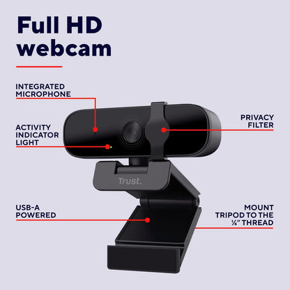 Trust Tanor 1080p Webcam PC con Microfono, Web Camera PC USB con Filtro Privacy, Fuoco Fisso 30 FPS, Plastica Riciclata 85%, Videocamera Full HD per Laptop Desktop Mac Windows Skype Zoom Teams