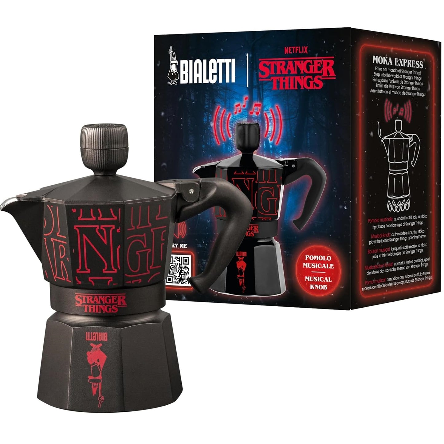 Bialetti - Moka Express Musicale 3 Tazze Stranger Things Ricarica Usb-C 130ml