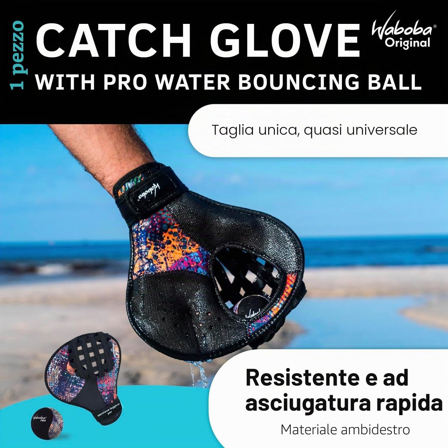 Waboba Catch Water Glove - Guanto per Palla da acqua ambidestro + Pallina Original Skips on Water Bouncing Ball che rimbalza sull’acqua, Giocattolo acquatico ad alte prestazioni