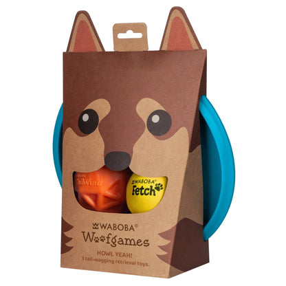 Waboba - Woofgames, Set di giocattoli per cani 3 in 1 - Disco volante Jetwag, Frisbee in gomma + 1 Pallone iper rimbalzo + Palla da riporto Tailwind - Giocattolo all'aria aperta ad alte prestazioni Original